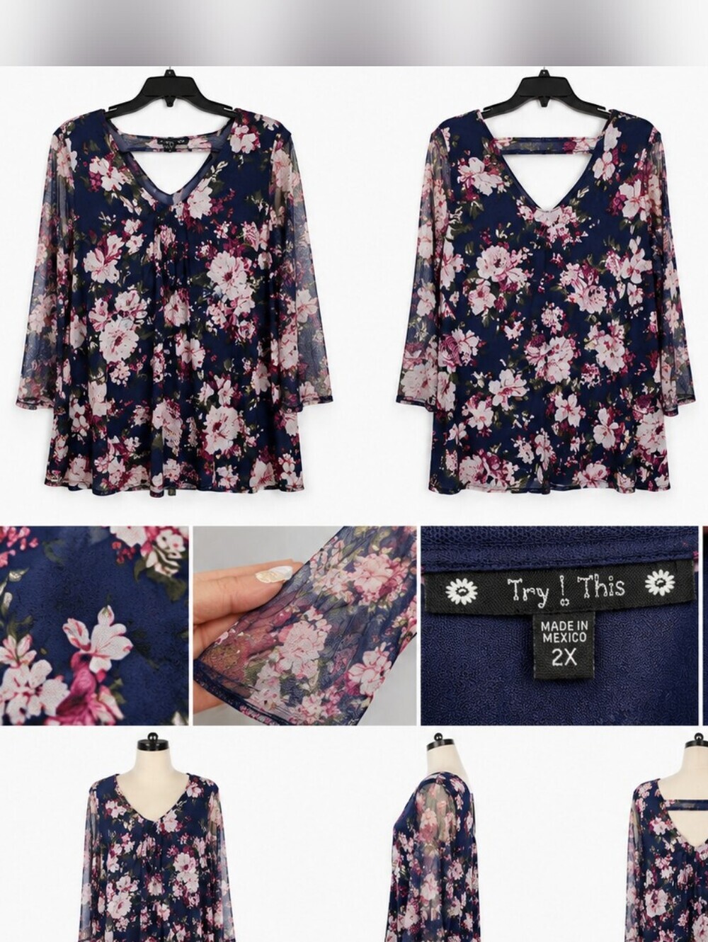 Try This Womens 2X Floral Mesh Dress Navy Pink A-Line Stretch Plus Size.